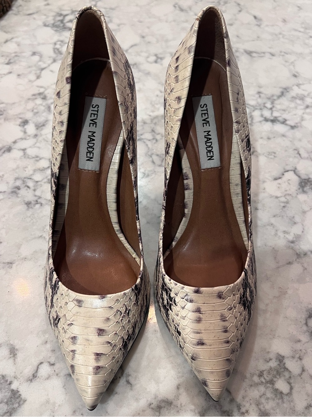 Steve Madden Beige Snake-Embossed Pointed Toe Stiletto Heels